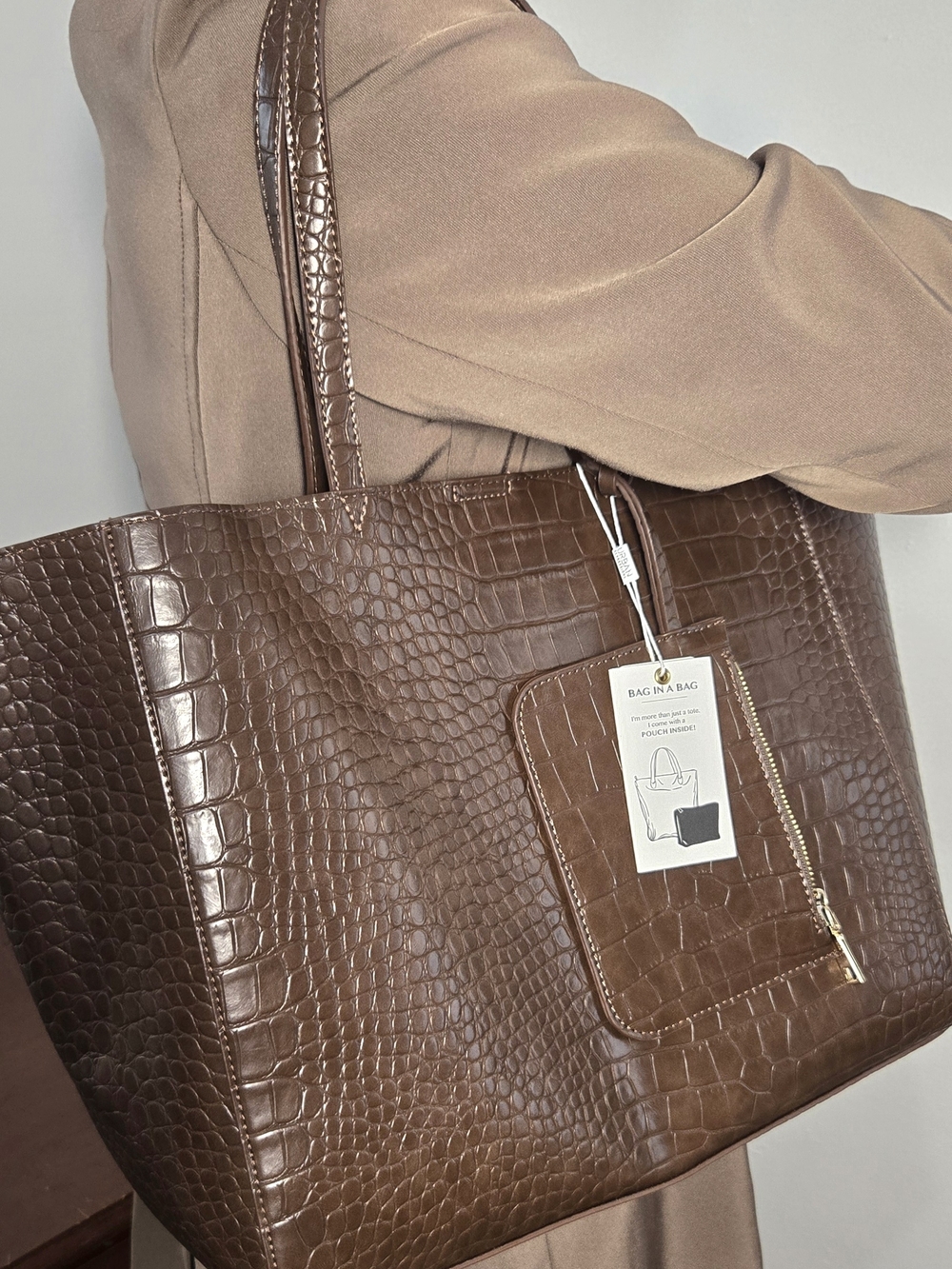Urban Expressions Croc Embossed Brown Work Tote/ Laptop Bag - Picture 9 of 9